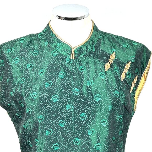 Asian Cheongsam Dress Green Gold Sz M Zip Closure Fully Lined Vintage - Picture 2 of 7